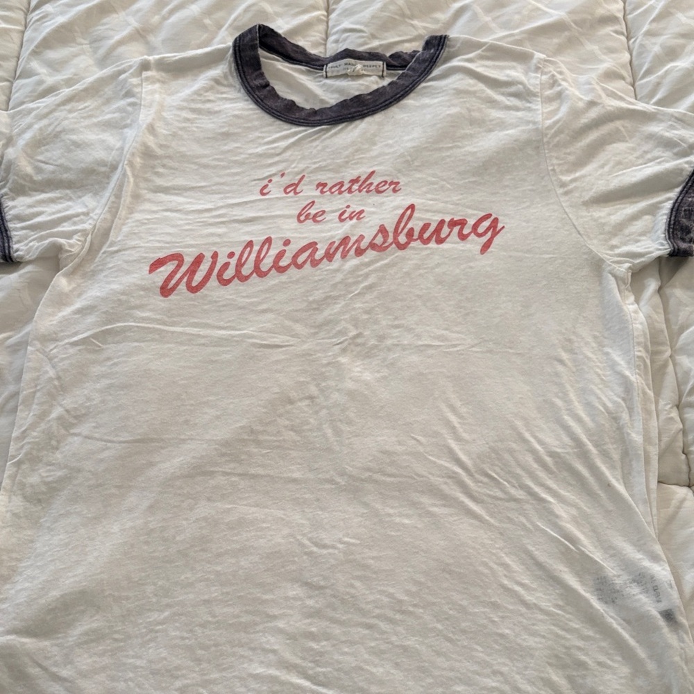 Womens White Ringer Tee with red Williamsburg' Script
